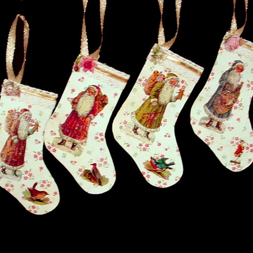 4 CHRISTMAS STOCKING ORNAMENTS VICTORIAN STYLE HANDMADE ST NICHOLAS REVERSIBLE
